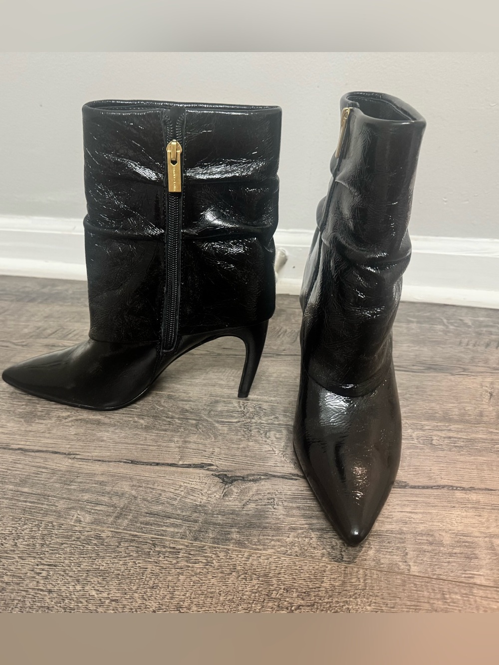 Vince Camuto Black Patent Pointed-Toe Stiletto Ankle Boots with Gold Zipper